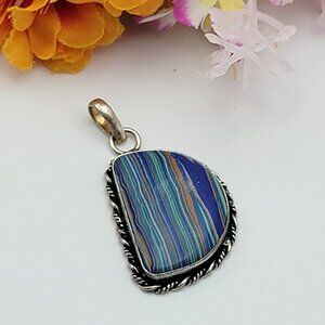 Vtg. 925 Sterling Silver Rainbow Calsilica Stone Initial Letter D Pendant 1.75"